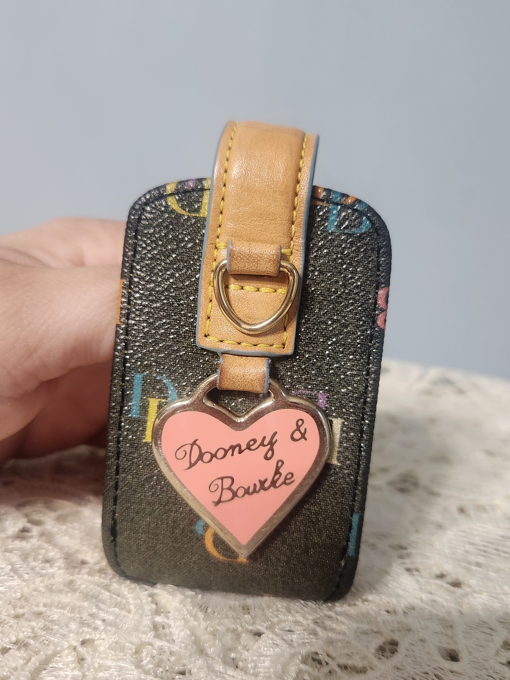 Y2K Dooney & Bourke Heart Charm Tag Hand Sanitizer Holder. Black Tan. Monogram